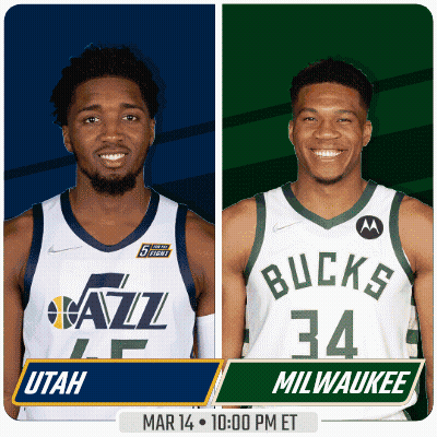 Two Basketball Players From The Utah Jazz And The Milwaukee Bucks Are Standing Next To Each Other GIF