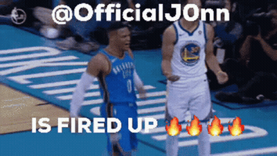 Two Basketball Players On A Court With A Caption That Says " Is Fired Up " GIF