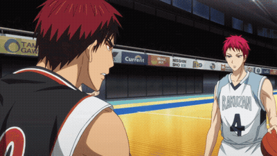 Two Basketball Players On A Court With Advertisements For Current And Tangawa GIF