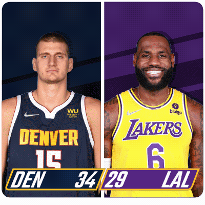 Two Basketball Players One From Denver And One From Lakers Are Standing Next To Each Other GIF