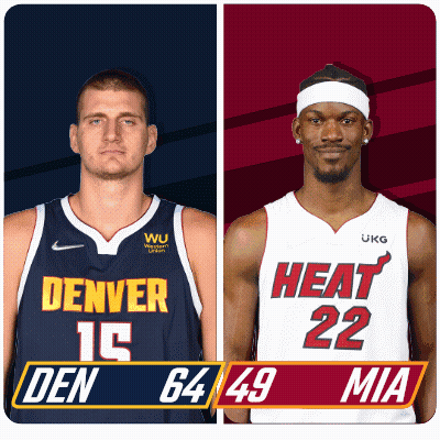 Two Basketball Players One From Denver And The Other From Heat Are Standing Next To Each Other GIF