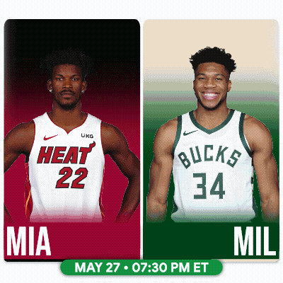 Two Basketball Players One From The Heat And One From The Bucks Are Standing Next To Each Other GIF