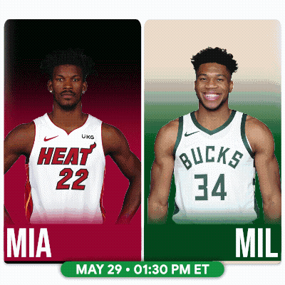 Two Basketball Players One From The Heat And One From The Bucks Are Standing Next To Each Other GIF