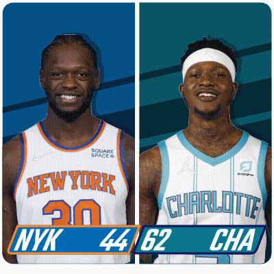 Two Basketball Players One From The New York Knicks And One From The Charlotte Hornets GIF