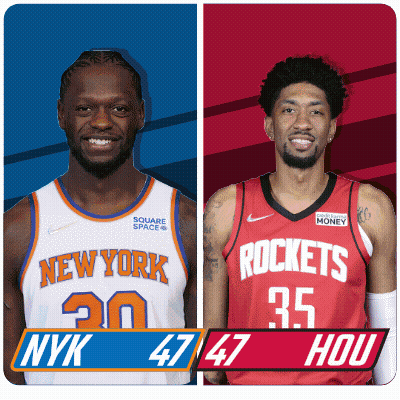 Two Basketball Players One From The New York Knicks And One From The Houston Rockets GIF