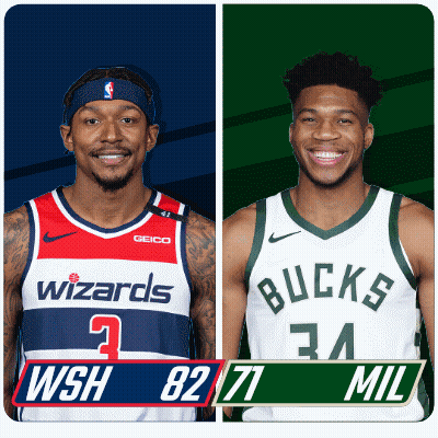 Two Basketball Players One From The Wizards And The Other From The Bucks Are Standing Next To Each Other GIF