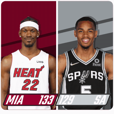 Two Basketball Players Wearing Heat And Spurs Jerseys GIF