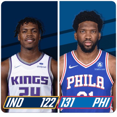Two Basketball Players Wearing Kings And Philadelphia Jerseys GIF