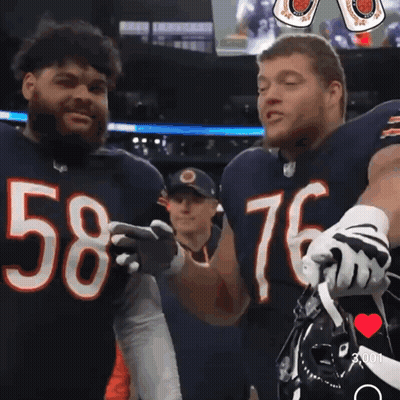 Two Bears Football Players Number 58 And 76 Are Hugging Each Other GIF