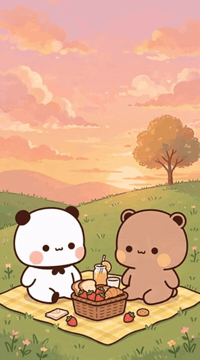 Two Bears Picnicking With Strawberries GIF