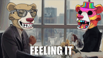 Two Bears Sitting At Table Saying Feeling It GIF