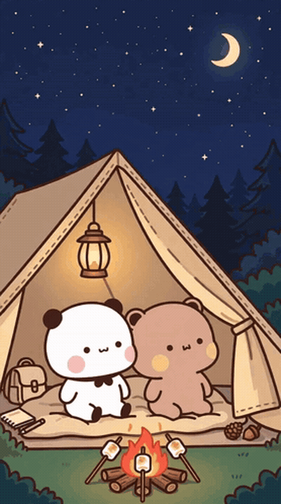 Two Bears Sitting In Tent With Marshmallows On Sticks GIF
