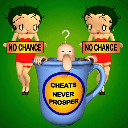 Two Betty Boop Cartoon Characters Holding Signs That Say No Chance And Cheats Never Prosper GIF
