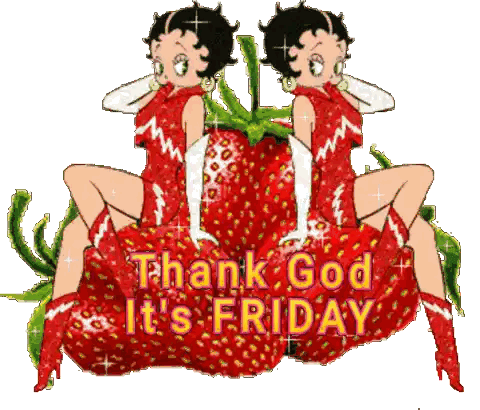 Two Betty Boop Girls Sitting On A Strawberry With The Words Thank God It 'S Friday Sticker