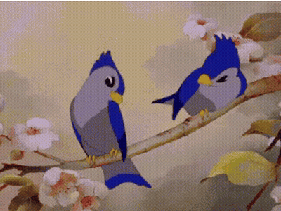 Two Birds Are Sitting On A Tree Branch With Flowers GIF