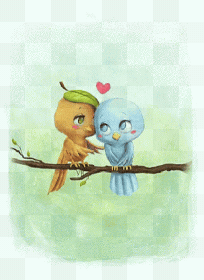 Two Birds Kissing On A Tree Branch With A Heart In The Background GIF