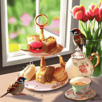 Two Birds Sitting Beside Tea Set GIF
