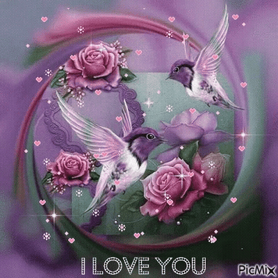 Two Birds Surrounded By Purple Roses I Love You GIF