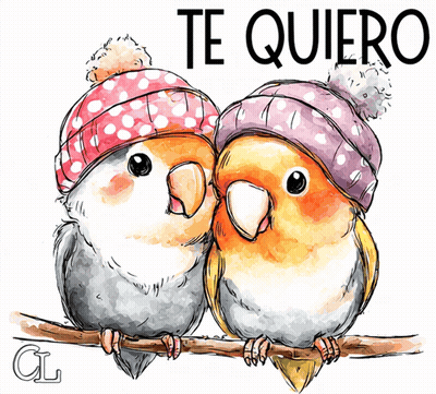Two Birds Wearing Hats On Branch With Te Quiero GIF