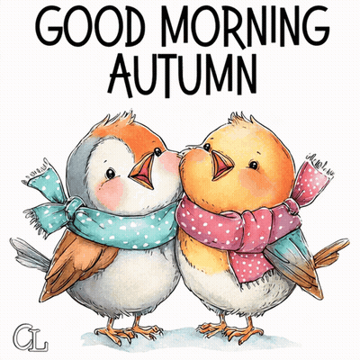 Two Birds Wearing Scarves Saying Good Morning Autumn GIF