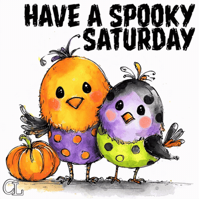 Two Birds With Pumpkins Have A Spooky Saturday GIF
