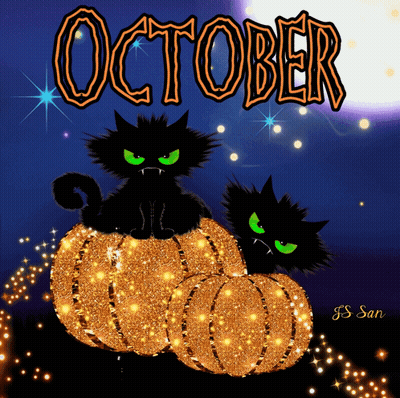 Two Black Cats Sitting On Pumpkin With October GIF