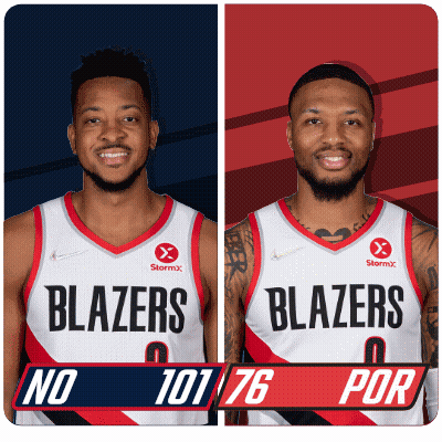 Two Blazers Basketball Players On Blue And Red Background GIF