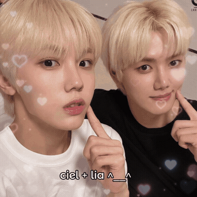 Two Blonde Boys Are Posing For A Picture With The Words Ciel + Lia Written Below Them GIF
