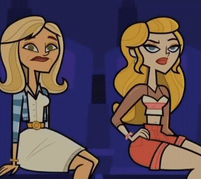 Two Blonde Cartoon Women Are Sitting Next To Each Other With Their Hands On Their Hips GIF