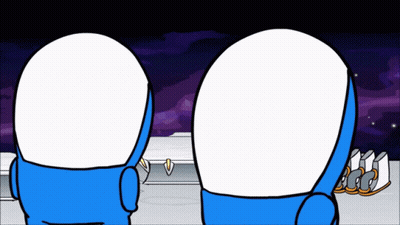 Two Blue And White Cartoon Characters Are Looking At Each Other GIF
