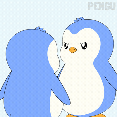 Two Blue And White Penguins Standing Next To Each Other With The Word Pengu Behind Them GIF