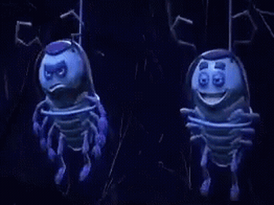 Two Blue Cartoon Bugs Are Hanging From A Rope In The Dark . GIF