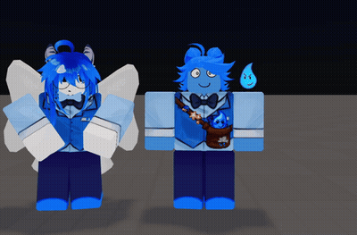 Two Blue Cartoon Characters Are Standing Next To Each Other And One Has A Teardrop On His Chest GIF
