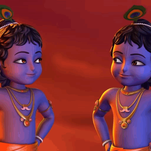 Two Blue Cartoon Characters With Peacock Feathers On Their Heads Standing Next To Each Other GIF