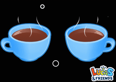 Two Blue Cups Of Coffee With Lucas & Friends Written Below Them GIF