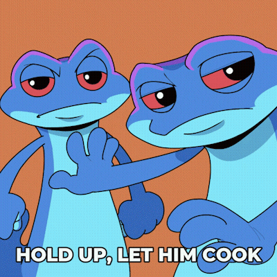 Two Blue Frogs Are Standing Next To Each Other With The Words Hold Up Let Him Cook Below Them GIF