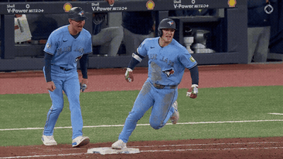 Two Blue Jays Baseball Players Celebrate Home Run GIF