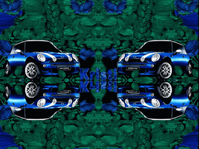 Two Blue Mini Cooper Cars Are Surrounded By Green Leaves GIF