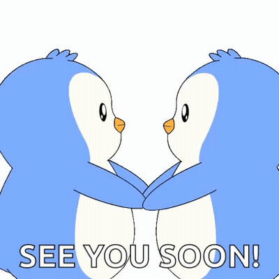 Two Blue Penguins Hugging Each Other With The Words " See You Soon " On The Bottom GIF