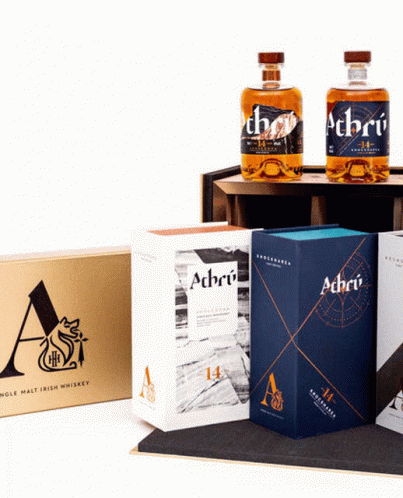 Two Bottles Of Achru Whiskey On Shelf GIF