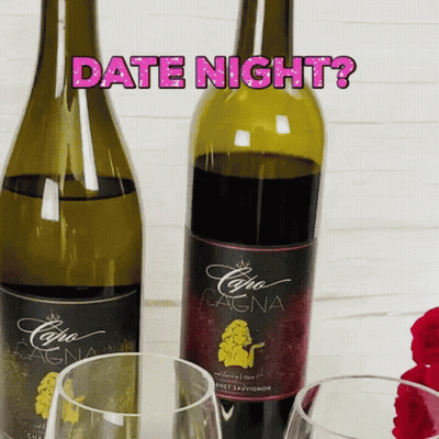 Two Bottles Of Wine And Two Glasses With The Words Date Night In Pink Letters GIF