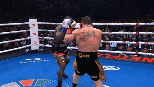 Two Boxers Are Fighting In A Ring That Says Netfl On The Floor GIF