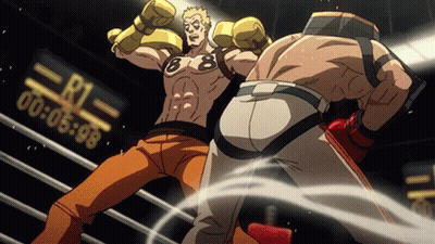 Two Boxers Are Fighting In A Ring With A Timer That Reads R1 00 : 05 : 98 GIF