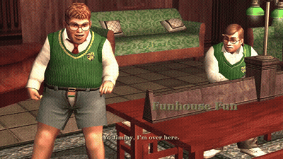 Two Boys Are Standing In Front Of A Table With The Words Funhouse Fun On It GIF