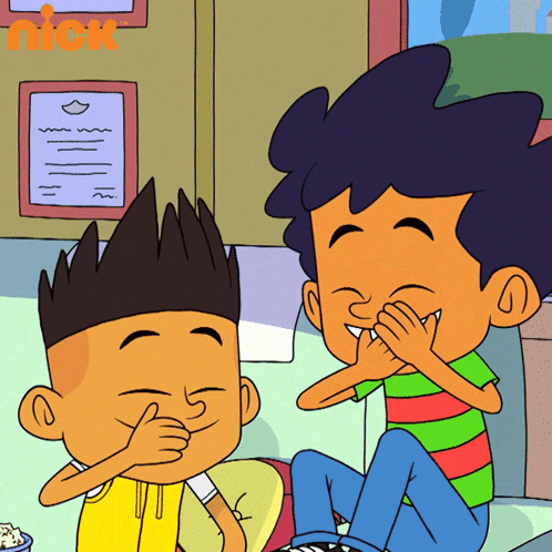 Two Boys Covering Mouths With Nick Logo GIF