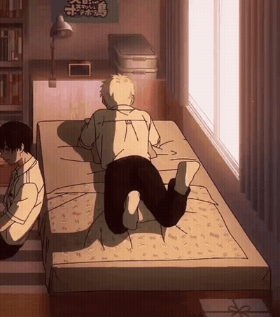 Two Boys Lying On Bed With Tokyo Ghoul Sign GIF