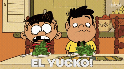 Two Boys Sitting At Table With Green Beans GIF