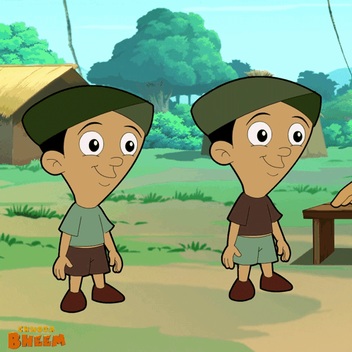 Two Boys Standing With Bheem Text GIF
