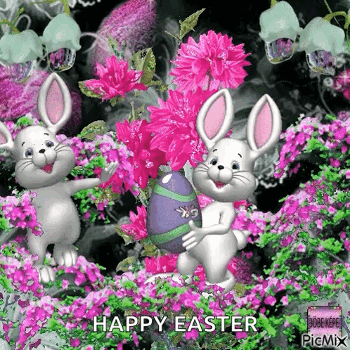 Two Bunny Rabbits Are Holding An Easter Egg In A Garden . GIF