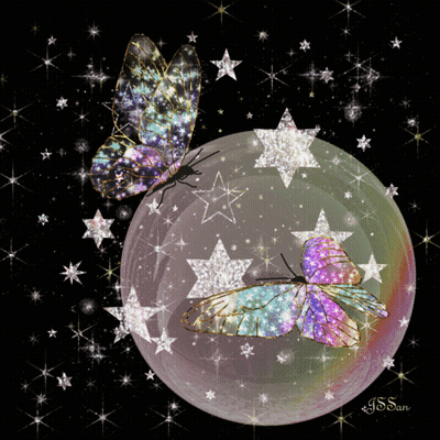 Two Butterflies Are Sitting On A Bubble Surrounded By Stars And The Name J.s. San Is On The Bottom GIF